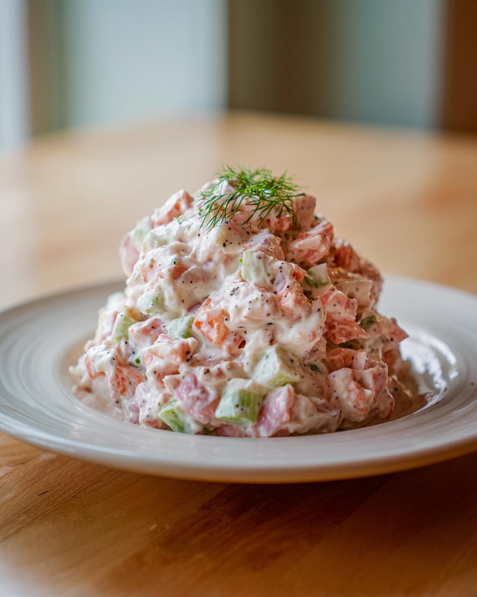 A creamy mound of fresh ham salad mixed with celery and spices, garnished with dill on a white plate.