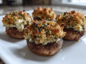 Four perfectly baked stuffed mushrooms with a golden, crispy breadcrumb topping served on a white plate.