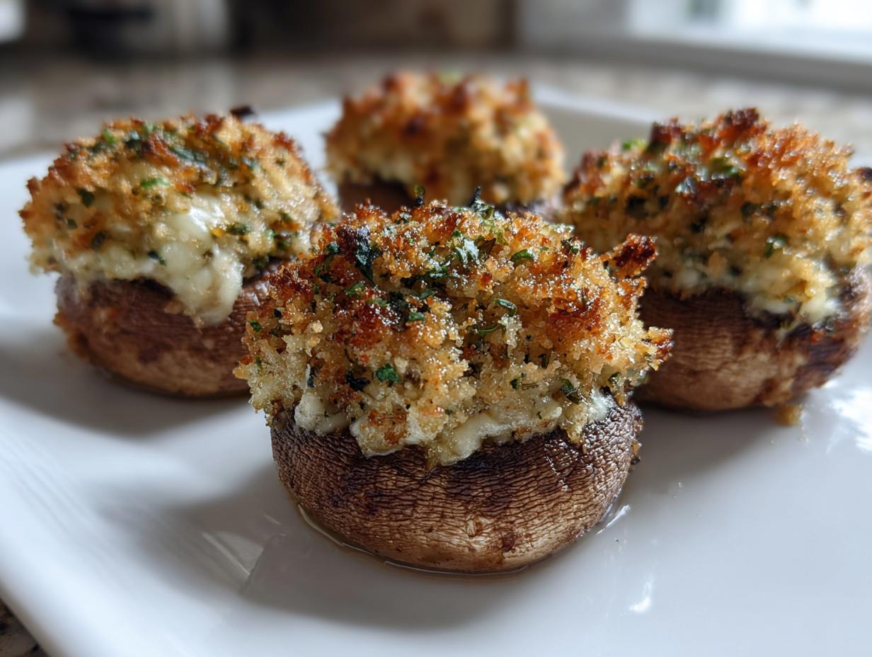 Four perfectly baked stuffed mushrooms with a golden, crispy breadcrumb topping served on a white plate.