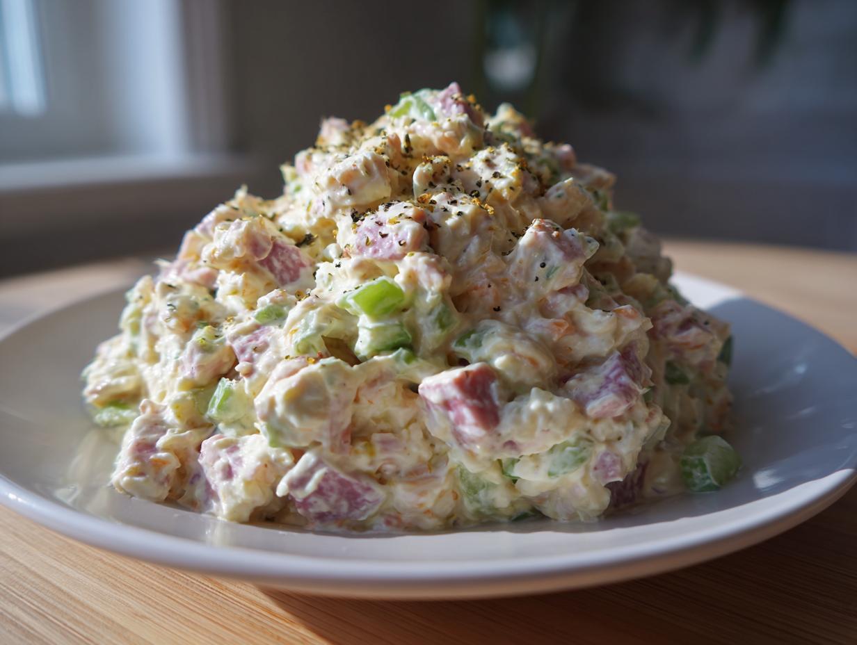 A large mound of creamy ham salad featuring diced ham and celery, seasoned with pepper, served on a white plate.