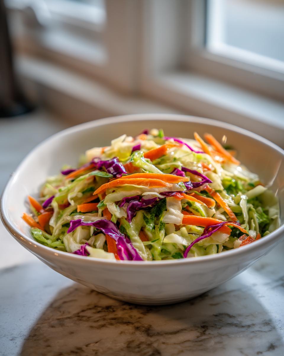 A vibrant bowl of fresh cabbage salad featuring shredded green and purple cabbage and carrots, ready to serve.