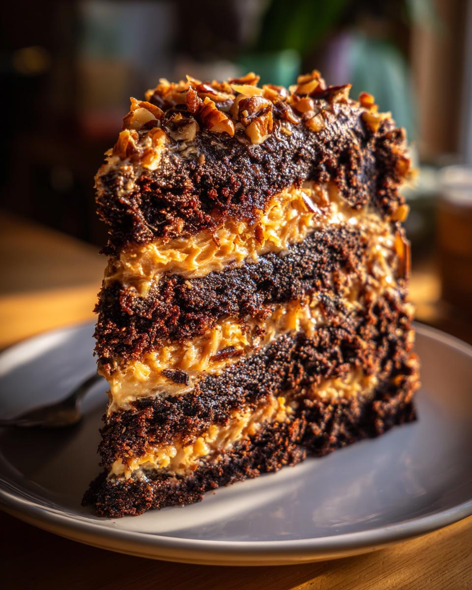 Close-up of a rich slice of german chocolate cake featuring dark layers and coconut-pecan frosting.