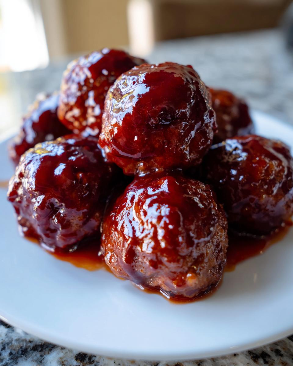A close-up of several glistening grape jelly meatballs piled high on a white plate, covered in a thick, dark glaze.