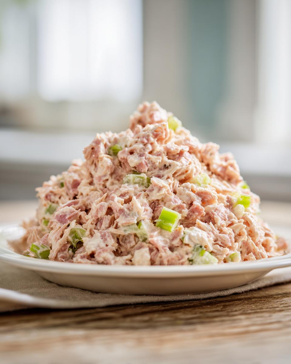 A generous mound of creamy ham salad mixed with chopped celery, served on a white plate.