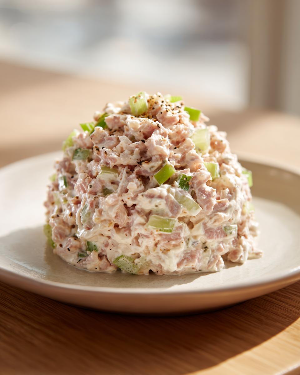 A mound of creamy ham salad mixed with diced celery, topped with black pepper, served on a light plate.