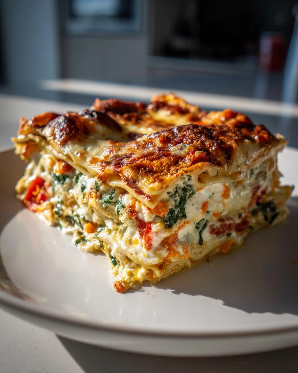 A thick slice of roasted vegetable lasagna with layers of pasta, ricotta, spinach, and a golden-brown cheesy top.
