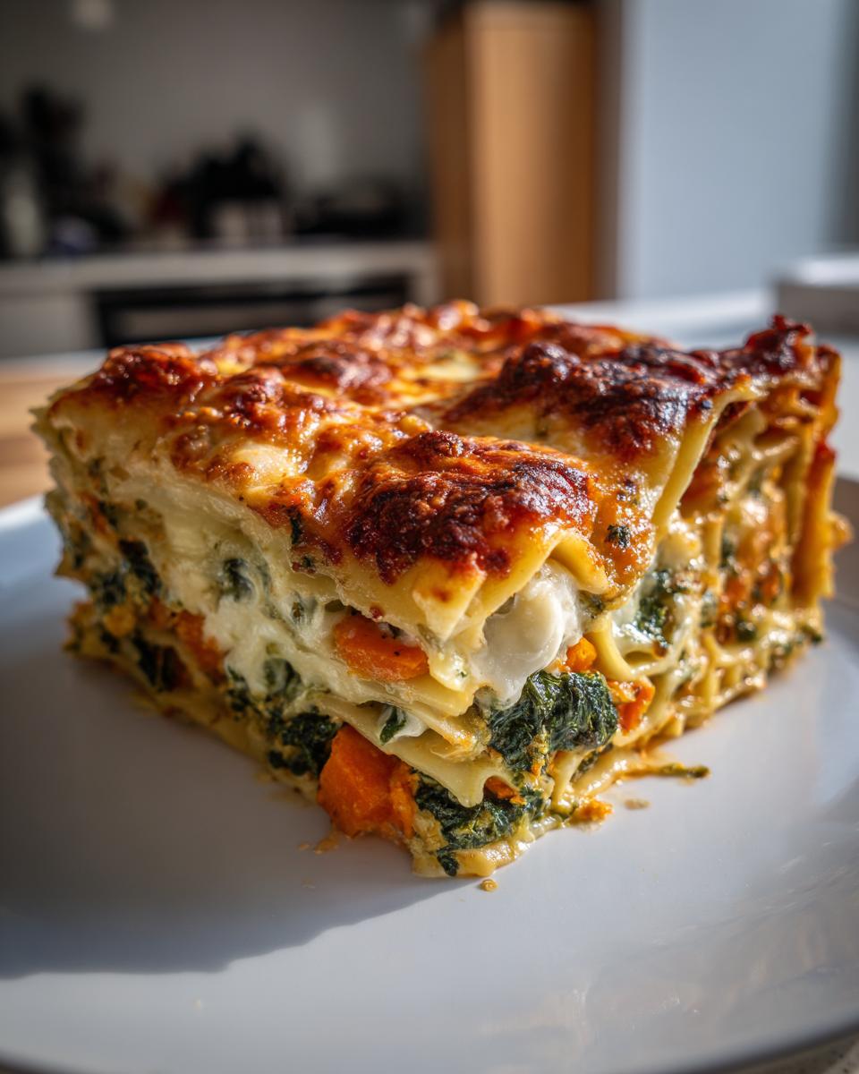 A thick, layered slice of amazing roasted vegetable lasagna featuring spinach and sweet potato, with a browned, cheesy top.