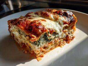 A generous slice of amazing roasted vegetable lasagna showing layers of pasta, ricotta, spinach, and a bubbly, browned cheese topping.