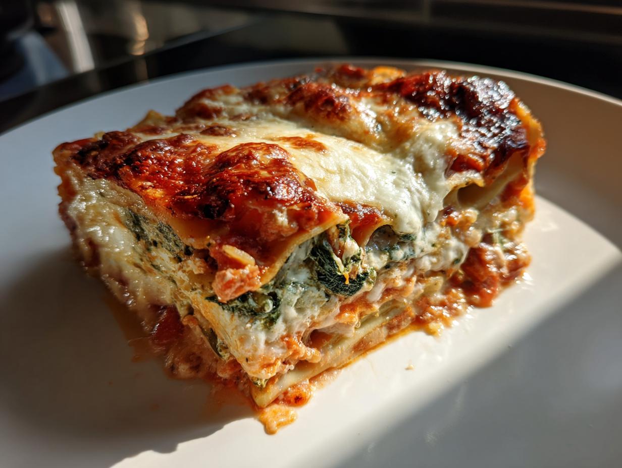 A generous slice of amazing roasted vegetable lasagna showing layers of pasta, ricotta, spinach, and a bubbly, browned cheese topping.