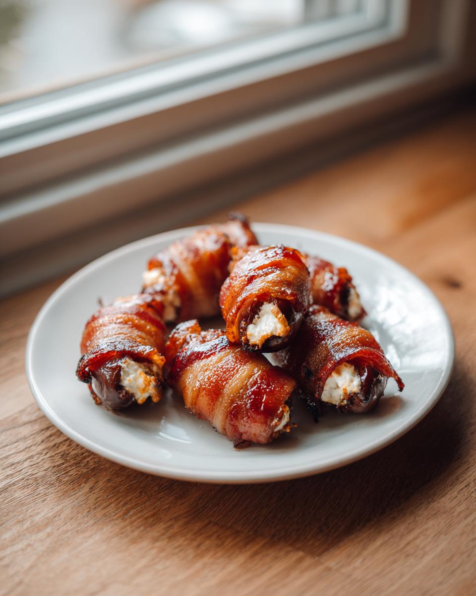 A small white plate holding several glistening, caramelized bacon-wrapped dates stuffed with white cheese.