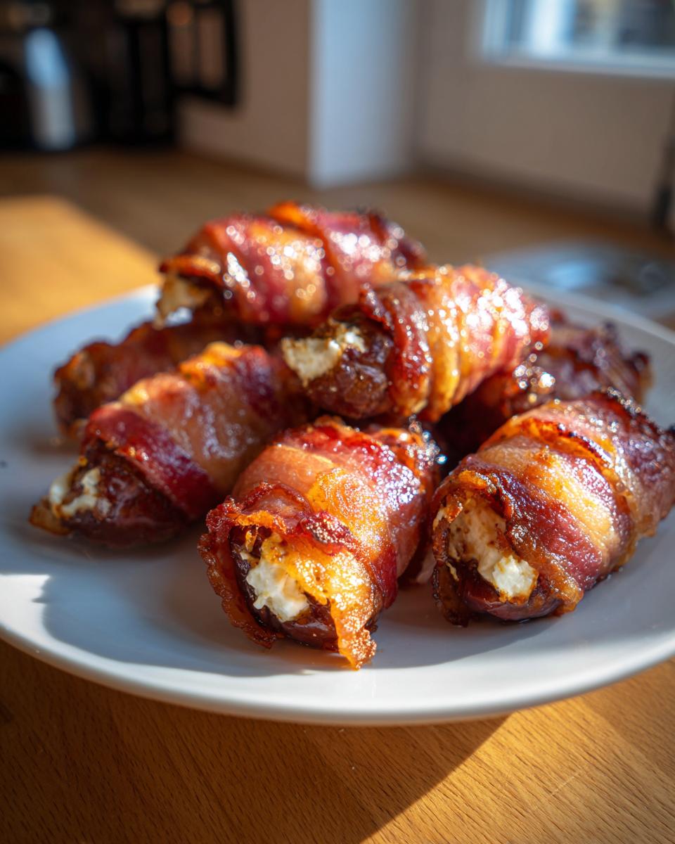Close-up of several golden-brown, crispy bacon-wrapped dates stuffed with white cheese, served on a white plate.