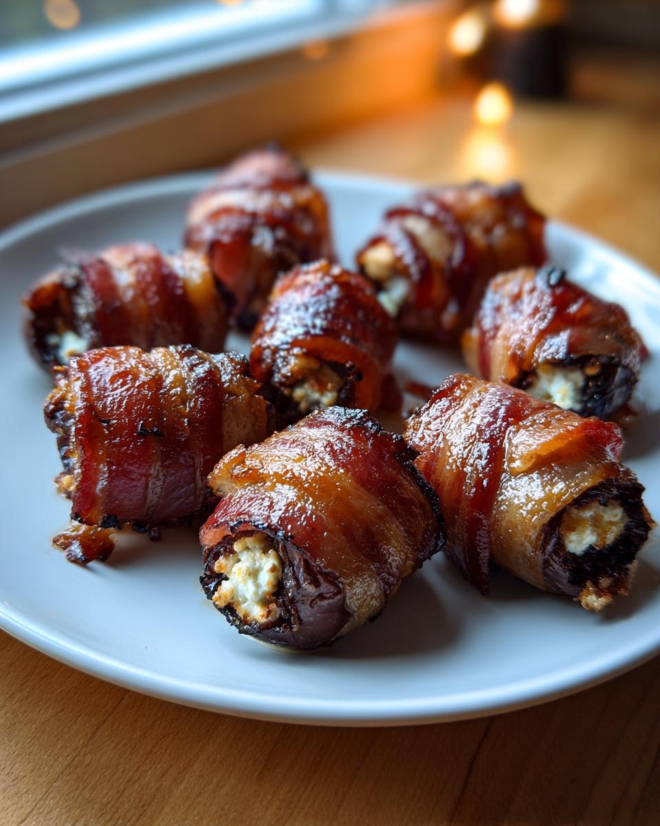 Close-up of several glossy, caramelized bacon-wrapped dates stuffed with cheese on a white plate.