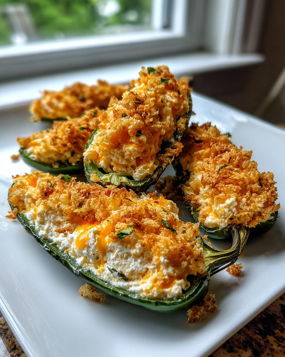 Close-up of baked Jalapeño poppers stuffed with creamy cheese and topped with golden brown breadcrumbs.