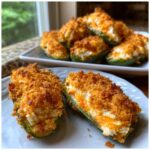Two baked jalapeño poppers, cut open to show creamy filling, served in the foreground with more jalapeño poppers in the background.