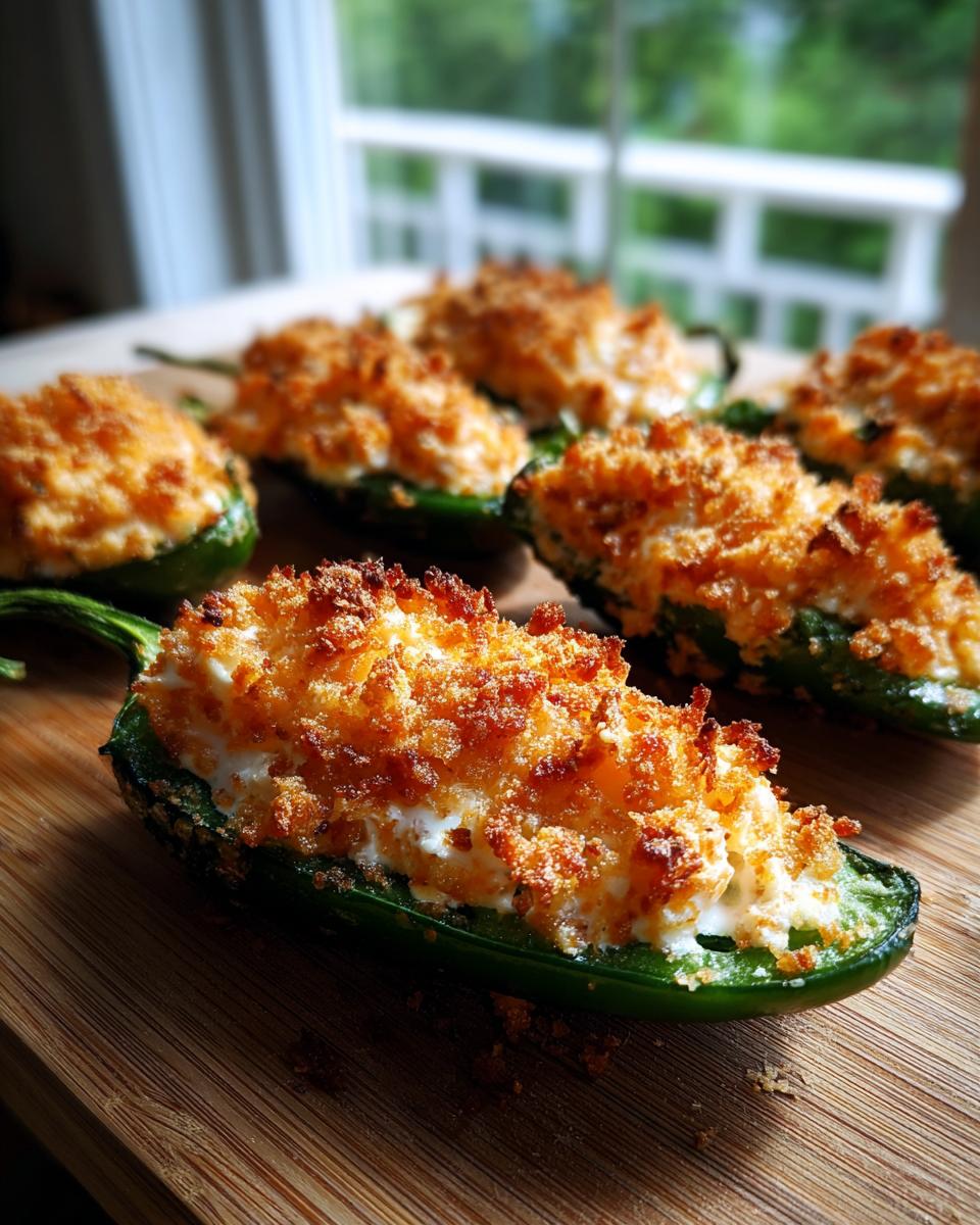 Close-up of a baked jalapeño popper stuffed with cheese and topped with crispy breadcrumbs.