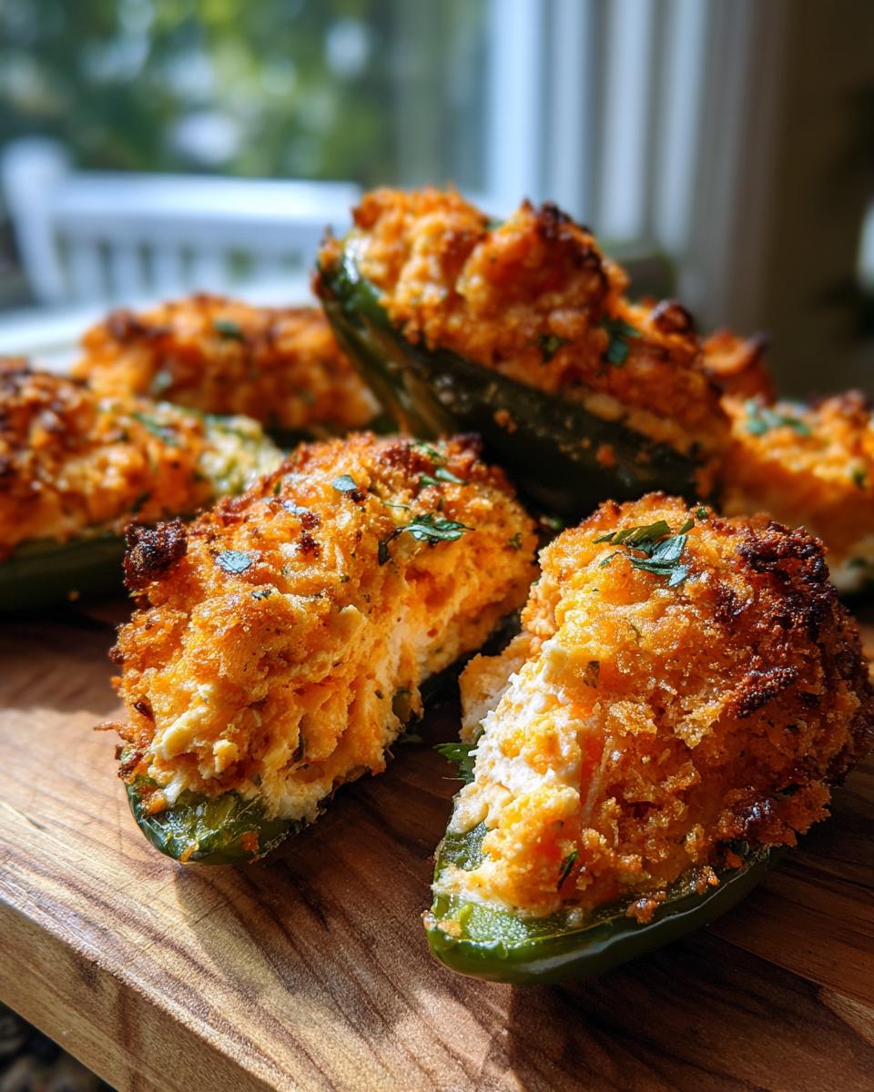 Close-up of several baked jalapeño poppers stuffed with creamy filling and topped with a golden, crispy breadcrumb crust.