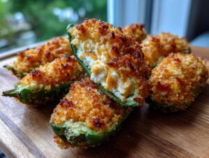 Close-up of baked jalapeño poppers with a crispy, golden breadcrumb topping and creamy cheese filling.