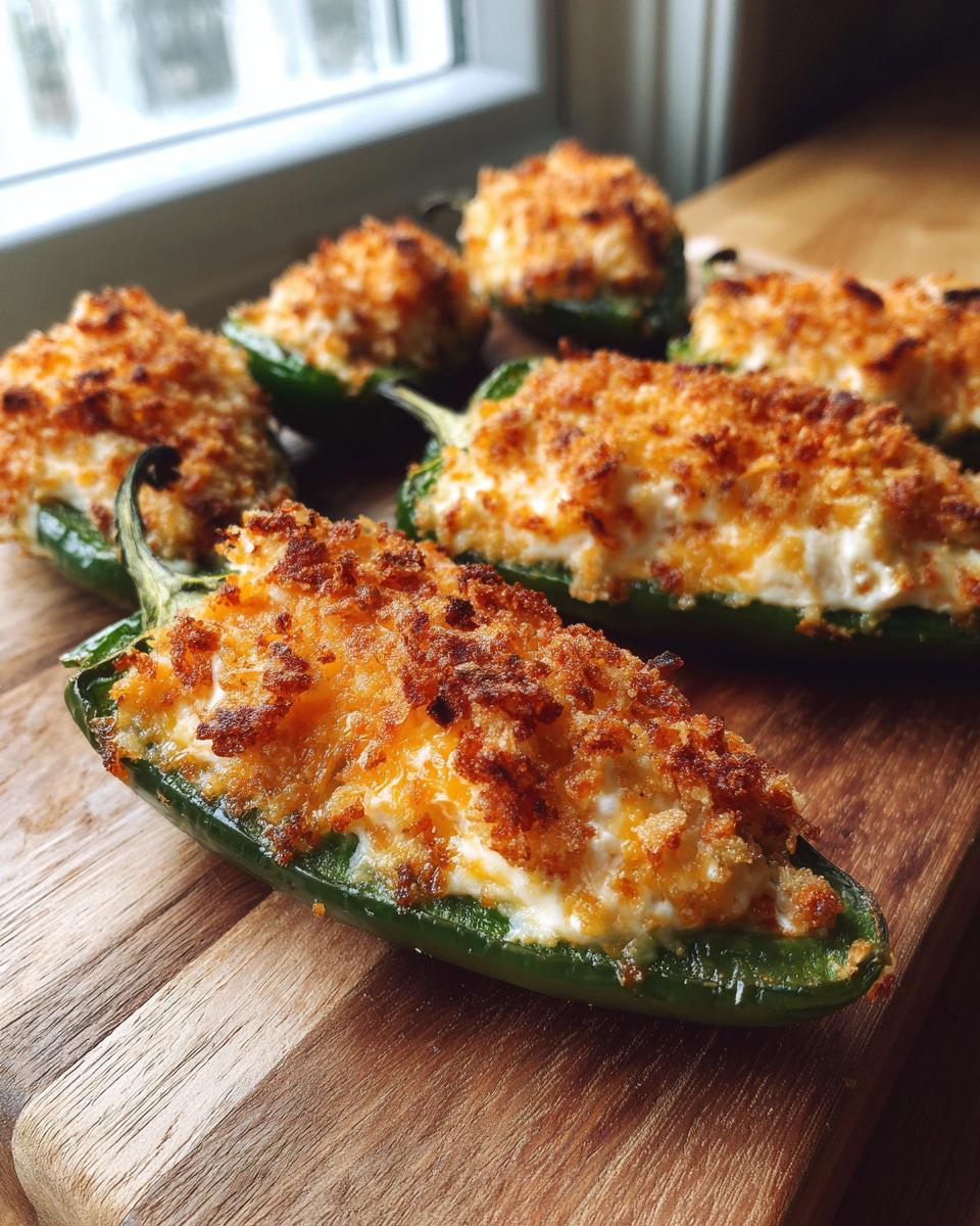 Close-up of several baked jalapeño poppers stuffed with creamy filling and topped with golden brown breadcrumbs.