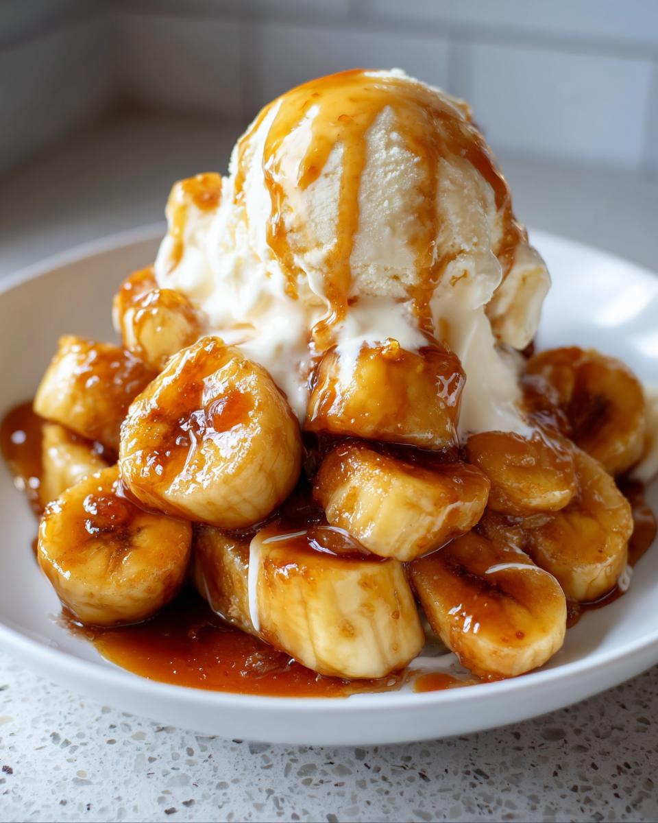 Close-up of warm, caramelized bananas covered in sauce, topped with a scoop of melting vanilla ice cream, classic Bananas Foster.