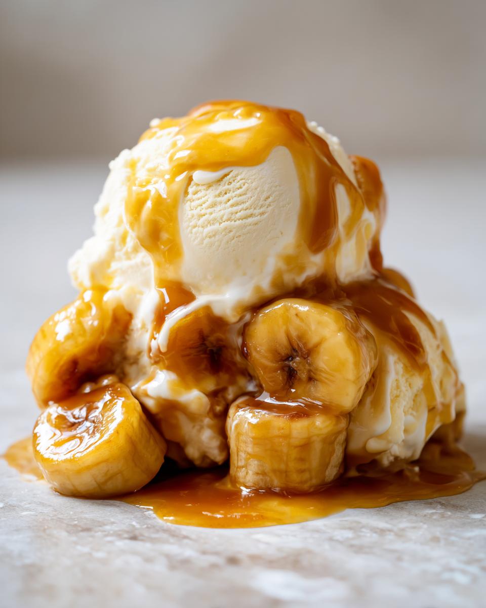 Close-up of vanilla ice cream topped with caramelized bananas and rich caramel sauce, classic Bananas Foster dessert.