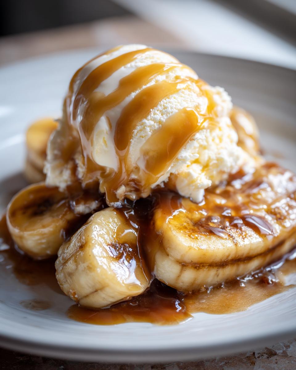 Close-up of warm, caramelized bananas topped with vanilla ice cream and caramel sauce, classic bananas foster.
