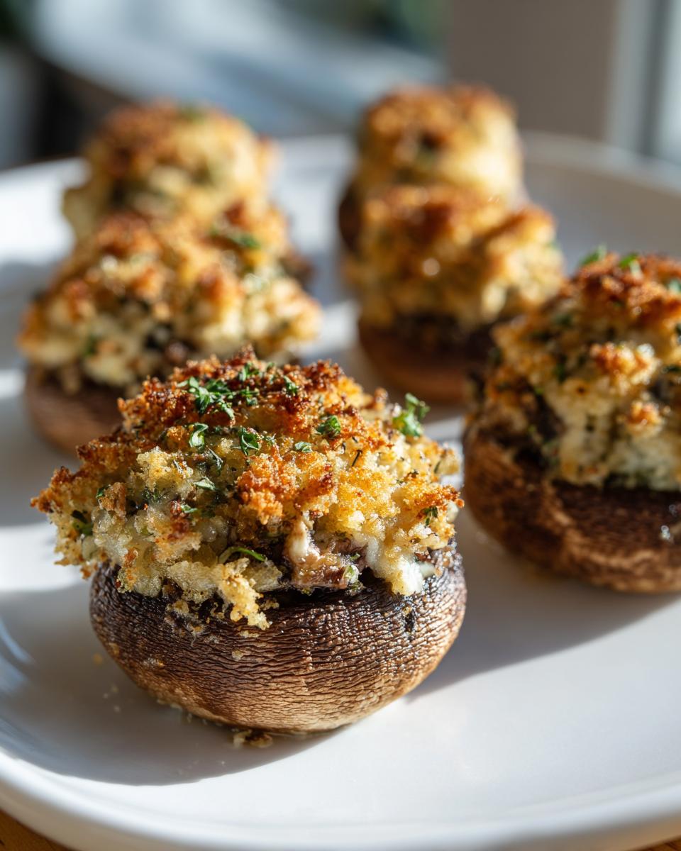 Close-up of perfectly baked stuffed mushrooms with a golden, crispy breadcrumb topping.