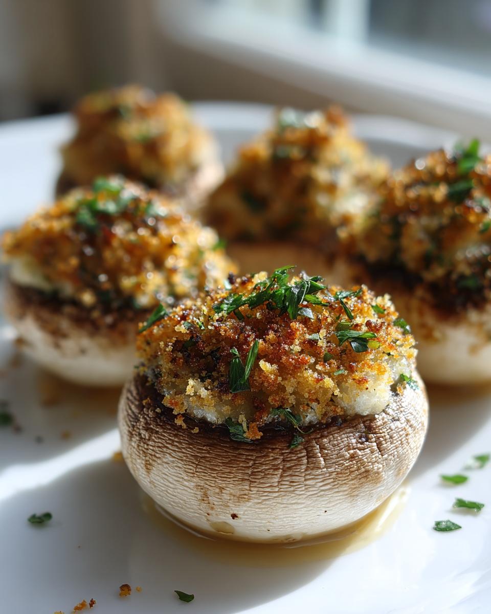 Close-up of perfectly baked stuffed mushrooms featuring a golden, crunchy breadcrumb topping and fresh parsley garnish.