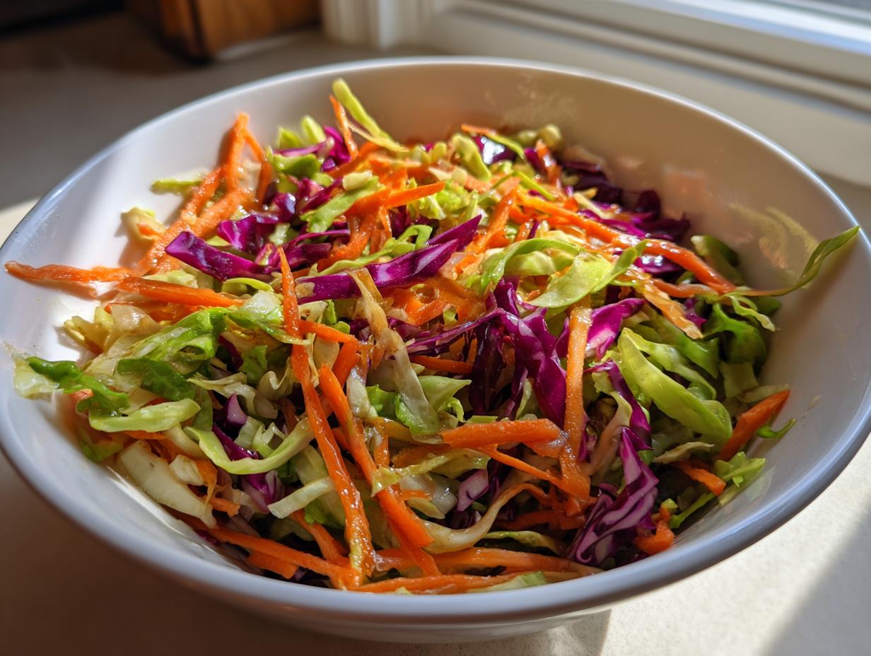 Close-up of a white bowl filled with colorful shredded cabbage salad, featuring green cabbage, red cabbage, and carrots.