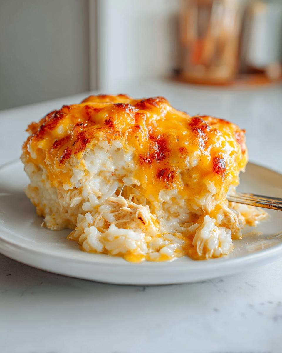 A close-up of a serving of cheesy chicken and rice casserole with melted, browned cheddar cheese on top.