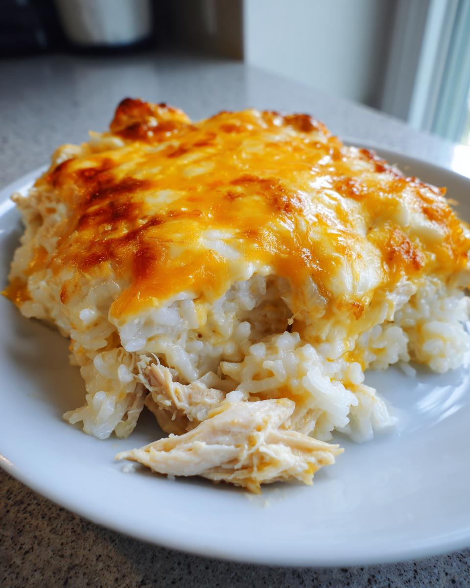 A scoop of creamy cheesy chicken and rice casserole with a golden, melted cheese topping on a white plate.