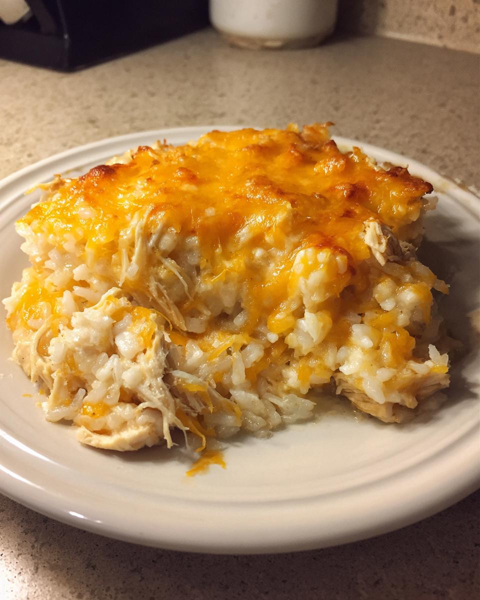 A portion of cheesy chicken and rice casserole topped with melted, browned cheddar cheese on a white plate.