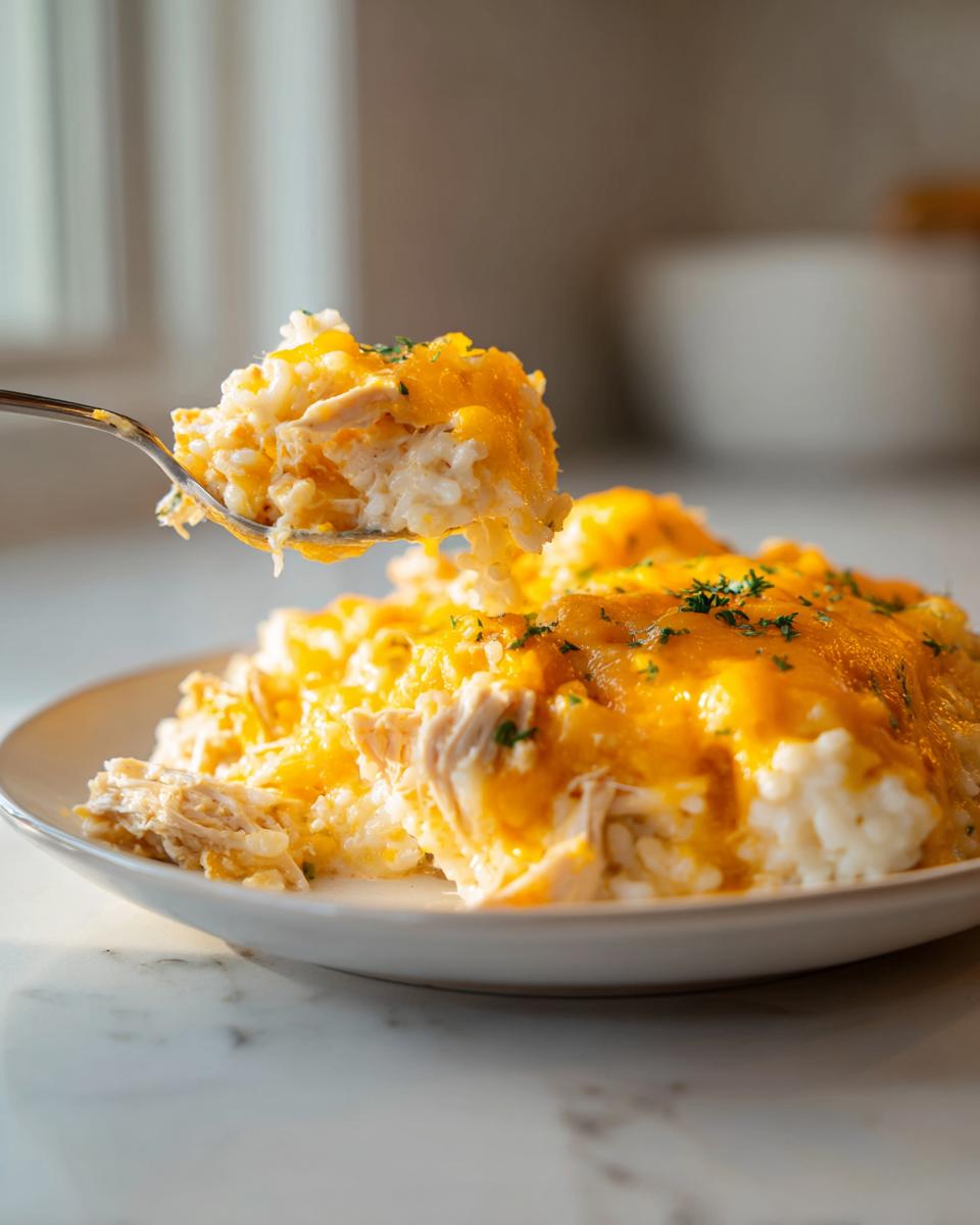 A fork lifts a bite of creamy, cheesy chicken and rice casserole topped with melted cheddar cheese.