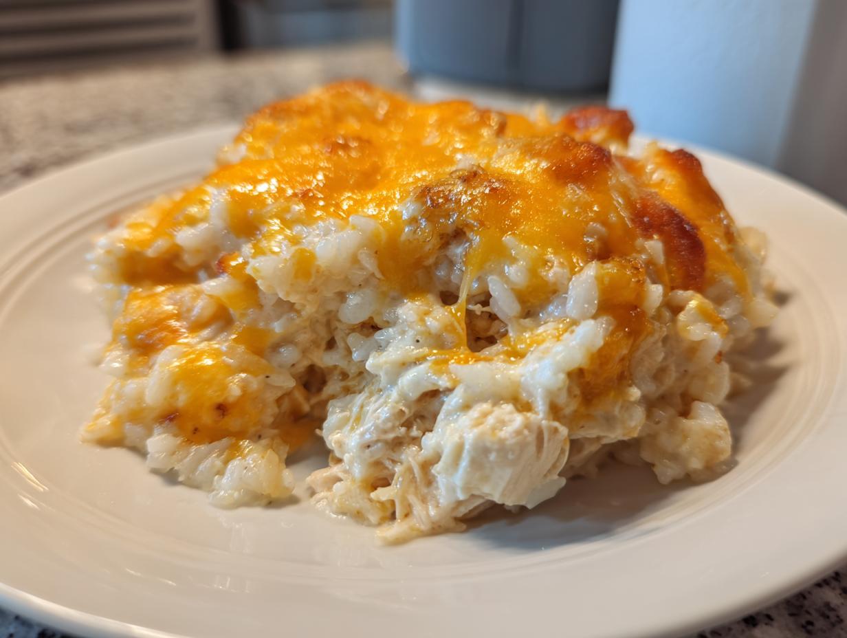 A close-up serving of creamy cheesy chicken and rice casserole topped with melted, golden cheddar cheese.