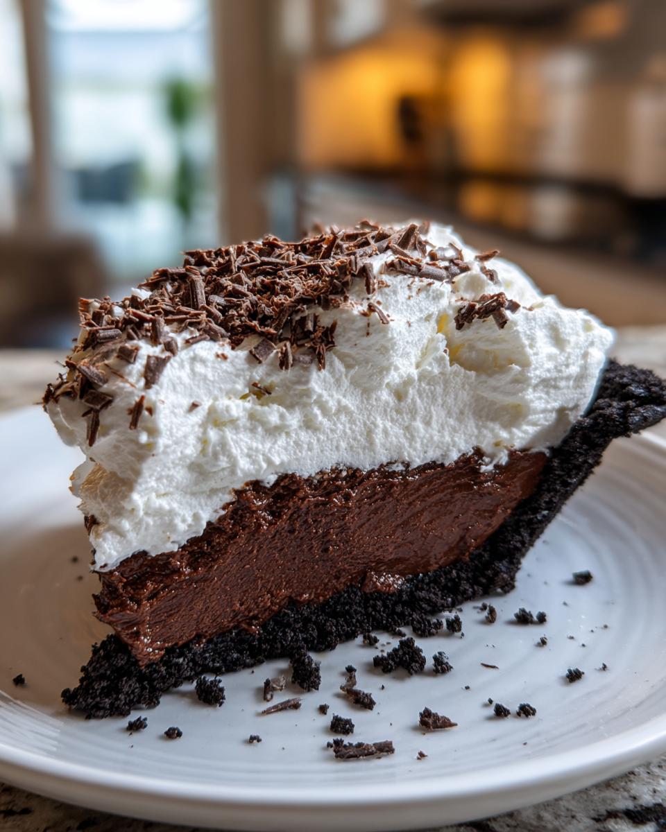 A decadent slice of Christmas chocolate cream pie featuring a dark crust, rich chocolate filling, and tall whipped cream topping with chocolate shavings.