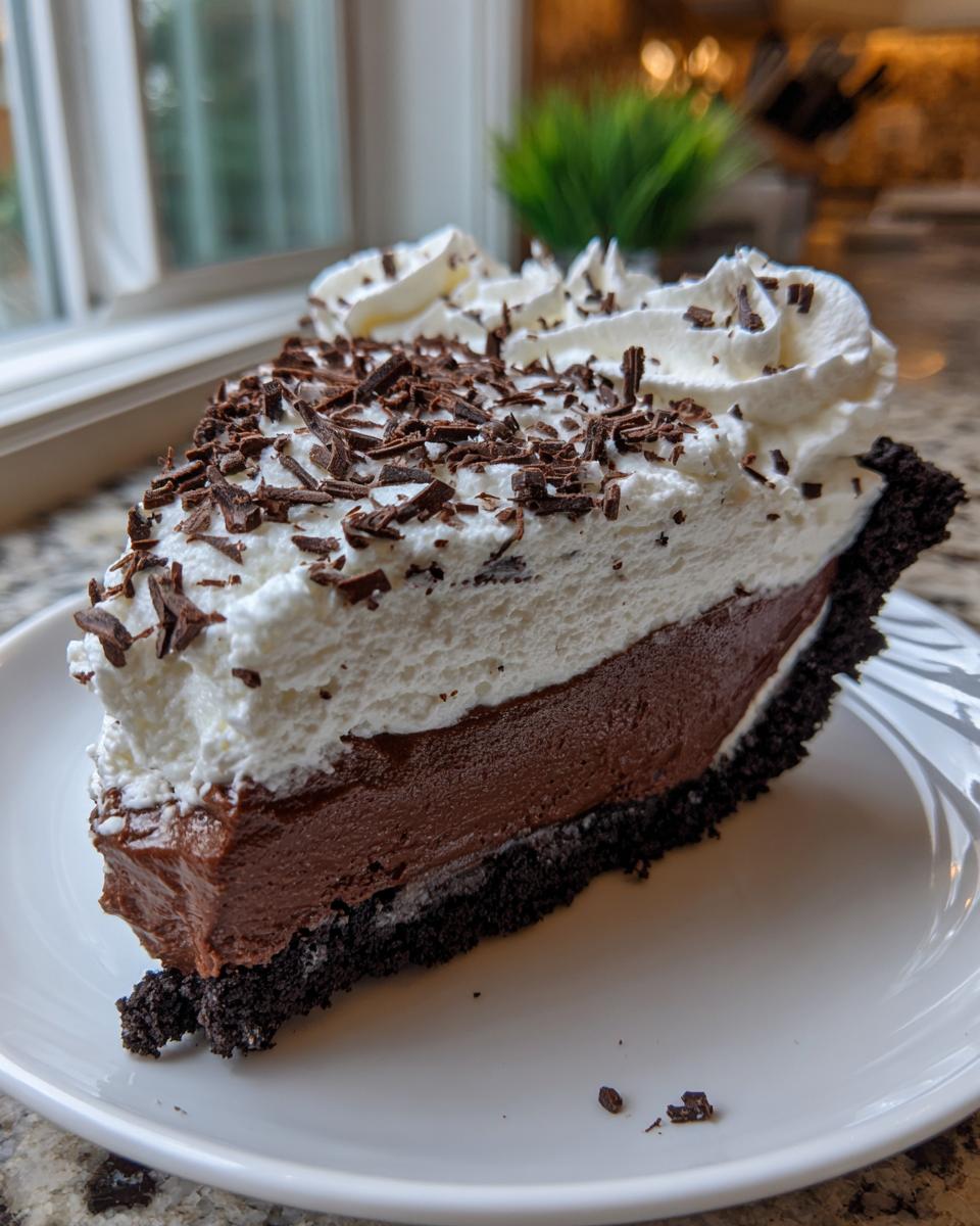 A decadent slice of Christmas chocolate cream pie featuring a dark crust, rich chocolate filling, and thick whipped cream topped with chocolate shavings.
