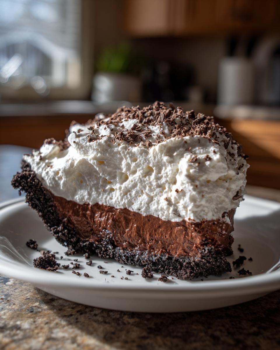 A decadent slice of Christmas chocolate cream pie featuring a dark crust, rich chocolate filling, and tall whipped cream topping with chocolate shavings.