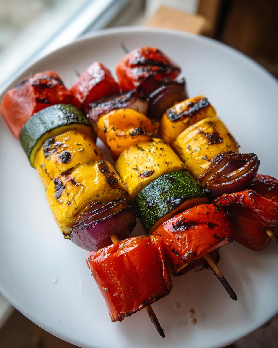 Three colorful grilled vegetable skewers featuring zucchini, yellow squash, red onion, and bell peppers, resting on a white plate.
