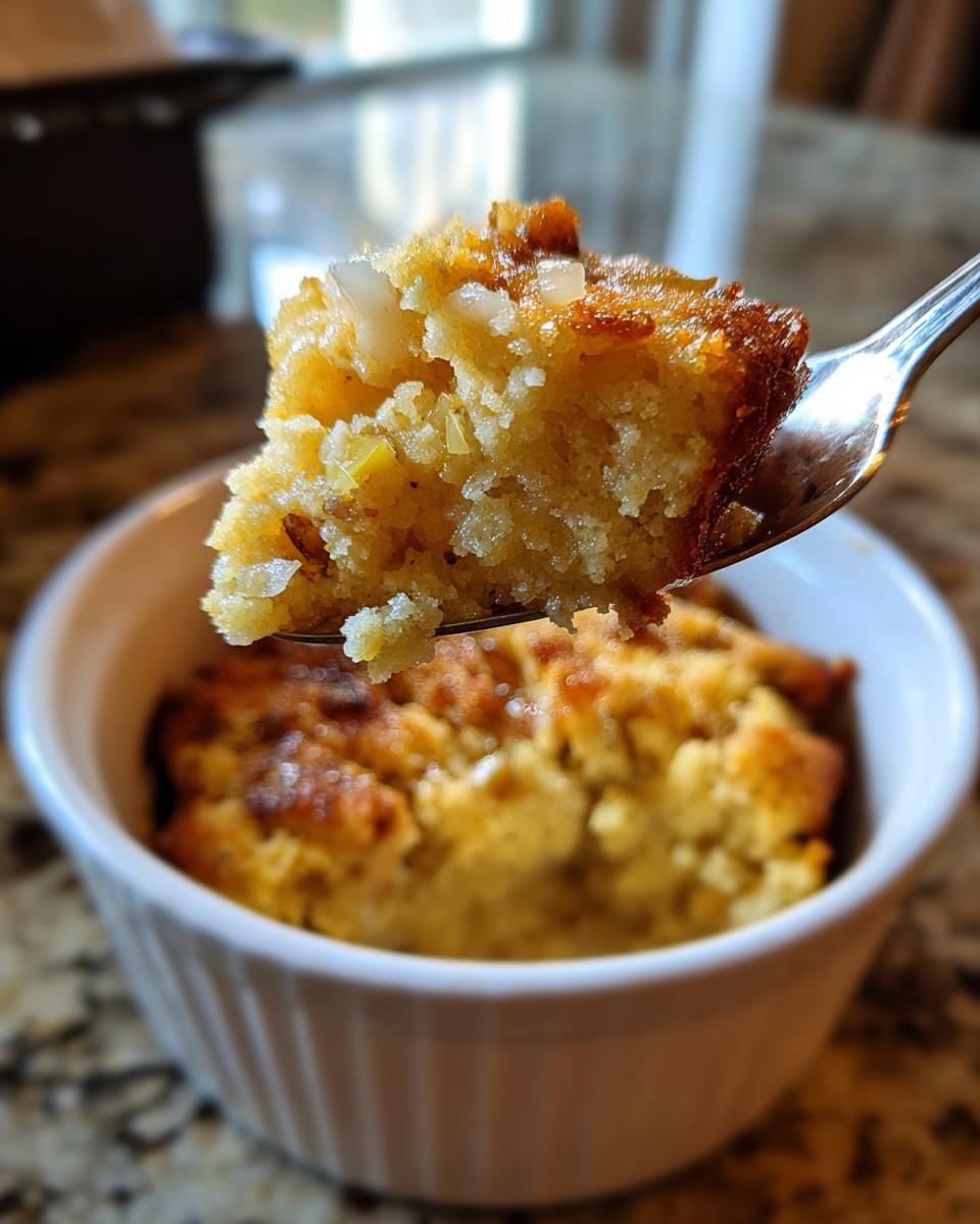 A spoonful of moist cornbread dressing lifted from a white ramekin, showing texture and onions.