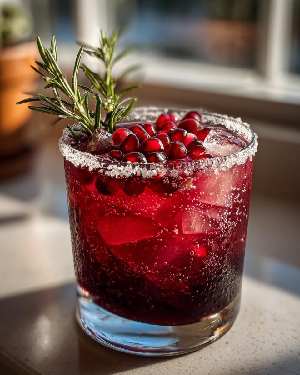 A vibrant cranberry pomegranate margarita with a sugar rim, topped with fresh pomegranate seeds and a rosemary sprig.