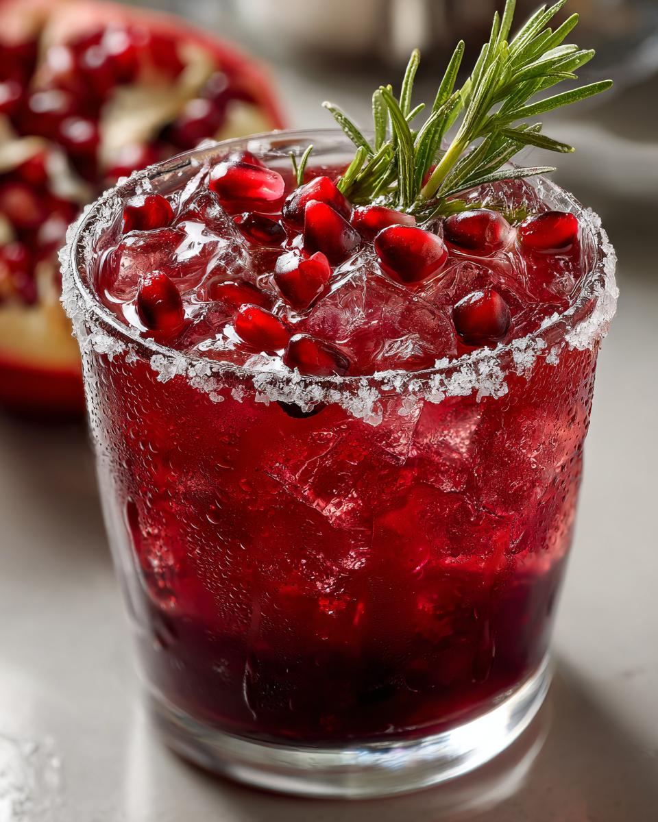 Close-up of a vibrant red cranberry pomegranate margarita garnished with pomegranate seeds and rosemary.