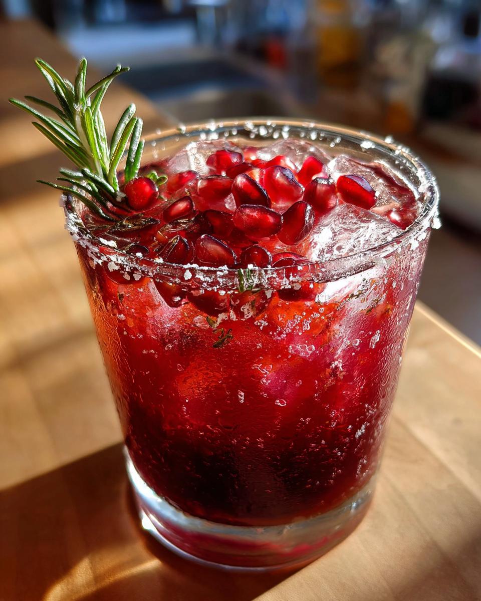 A vibrant, deep red cranberry pomegranate margarita cocktail served over ice, garnished with pomegranate seeds and a rosemary sprig.