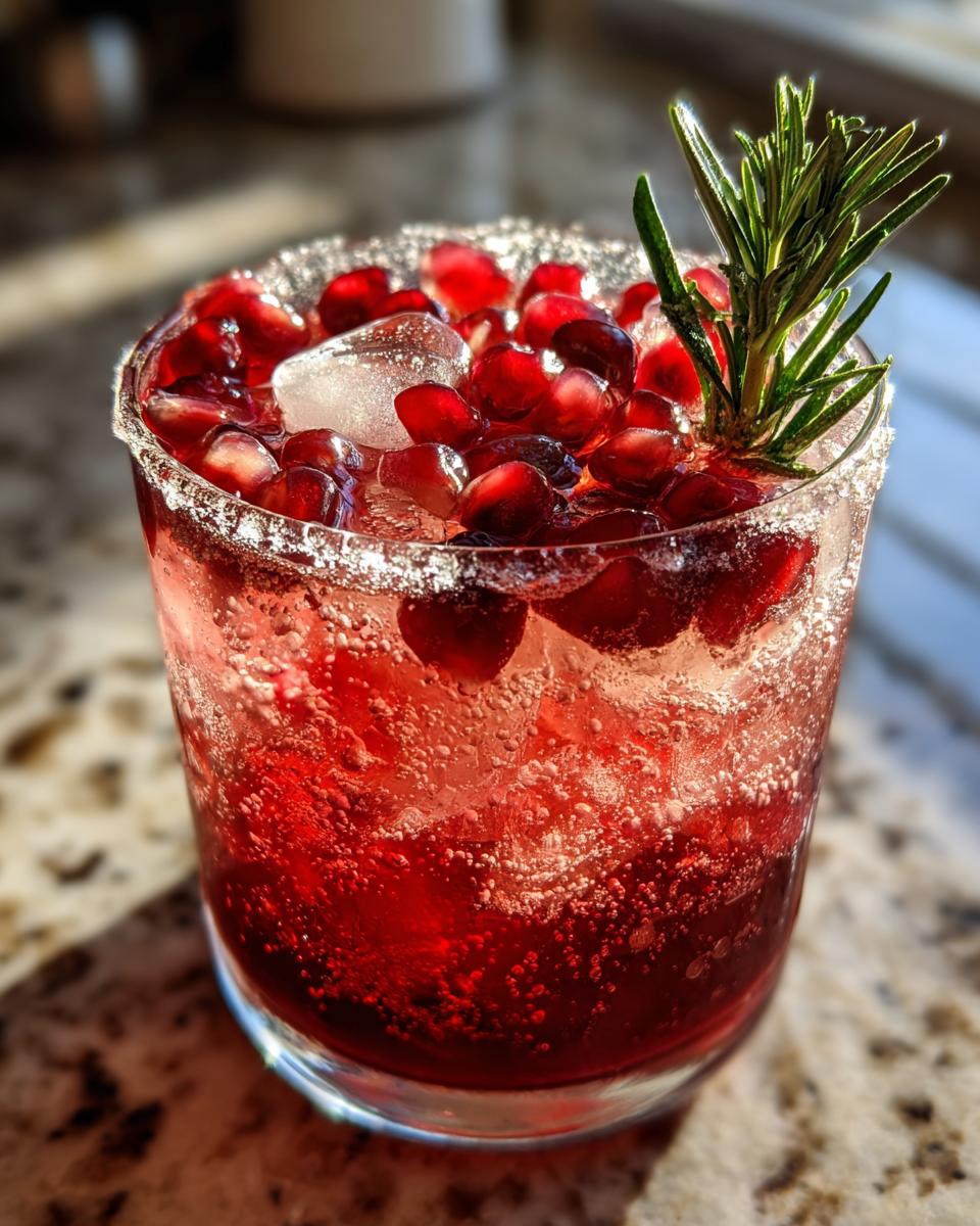 A vibrant, fizzy cranberry pomegranate margarita garnished with fresh pomegranate seeds and a rosemary sprig.