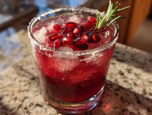 A vibrant cranberry pomegranate margarita cocktail served over ice with a salted rim, topped with pomegranate seeds and rosemary.