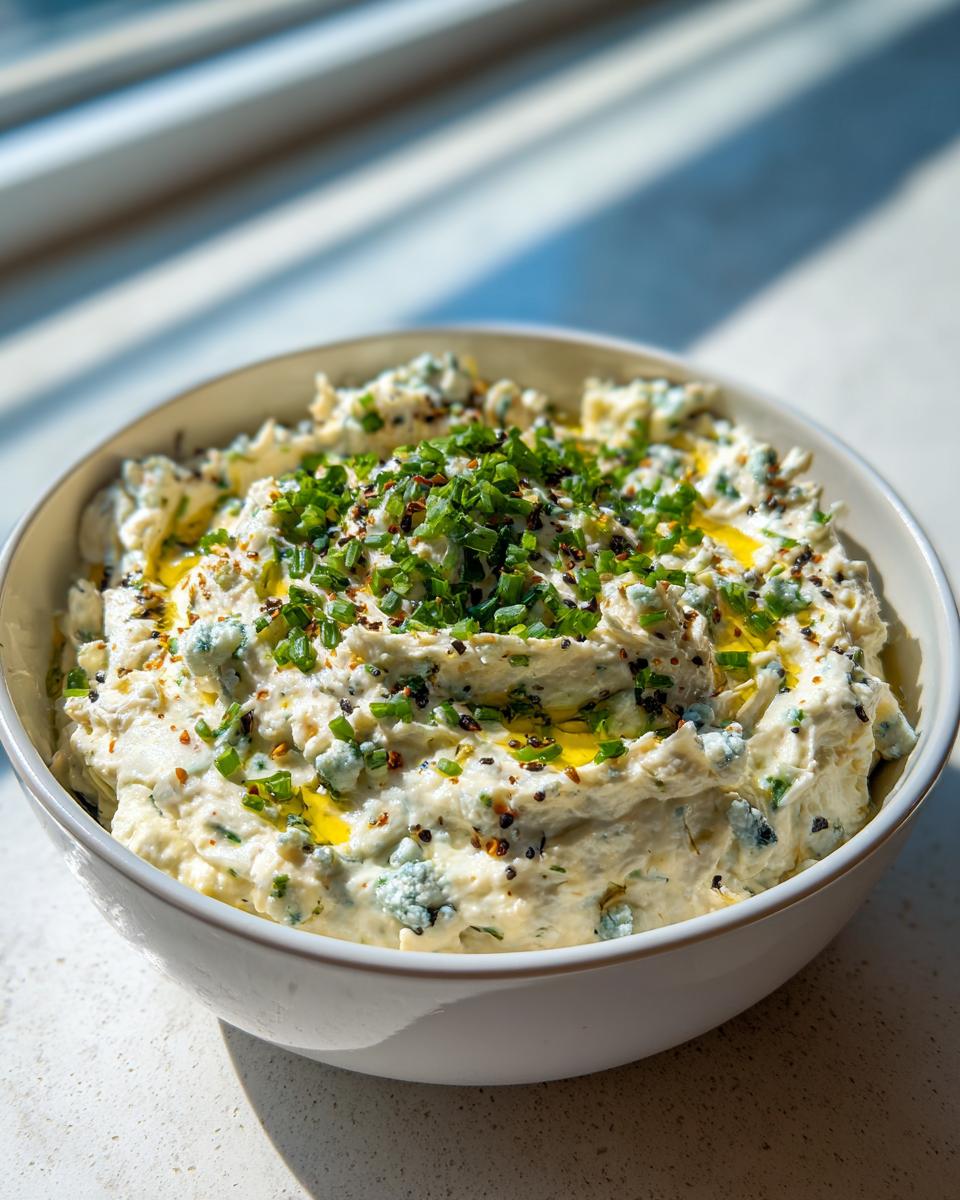 A bowl of creamy dirty martini dip garnished with fresh chives, spices, and olive oil.