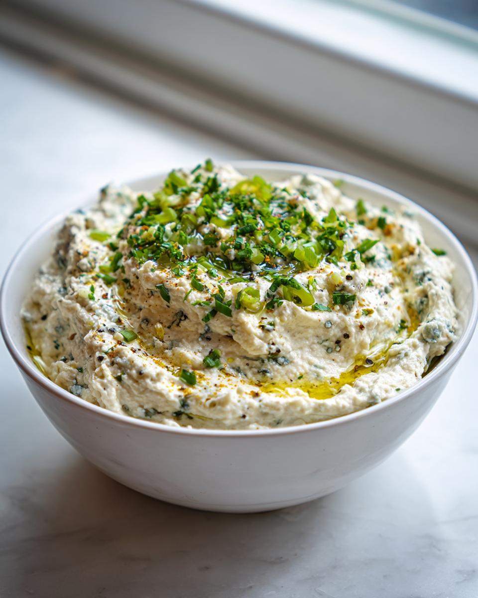 A creamy, white dirty martini dip garnished with fresh green herbs and olive oil in a white bowl.
