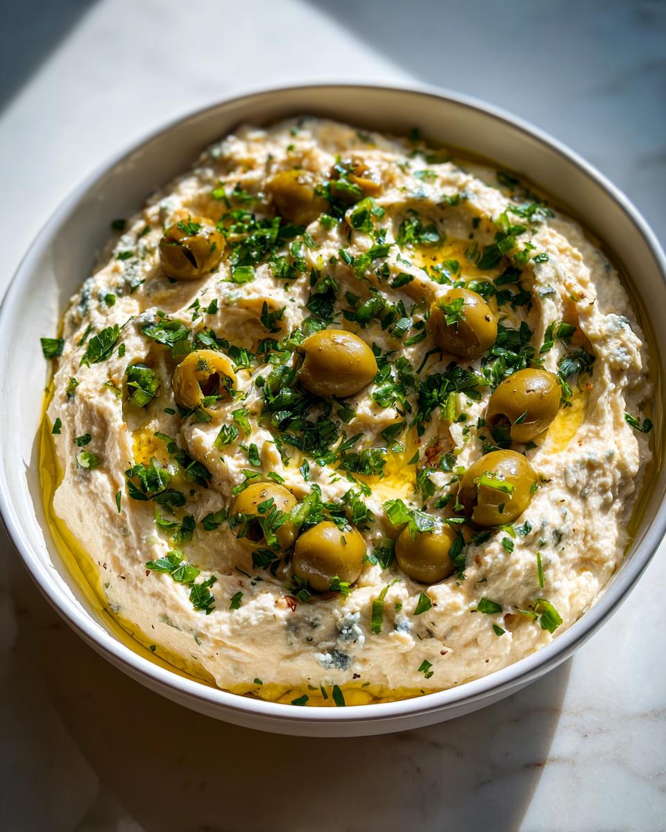 A bowl of creamy dirty martini dip garnished with green olives, fresh parsley, and olive oil.