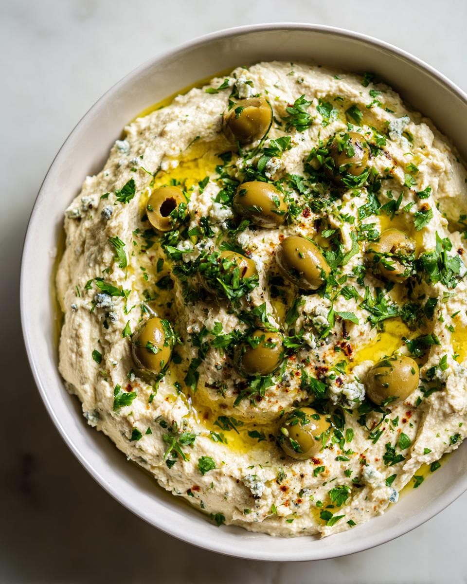 Overhead view of a creamy dirty martini dip topped with whole green olives, olive oil, and fresh parsley.