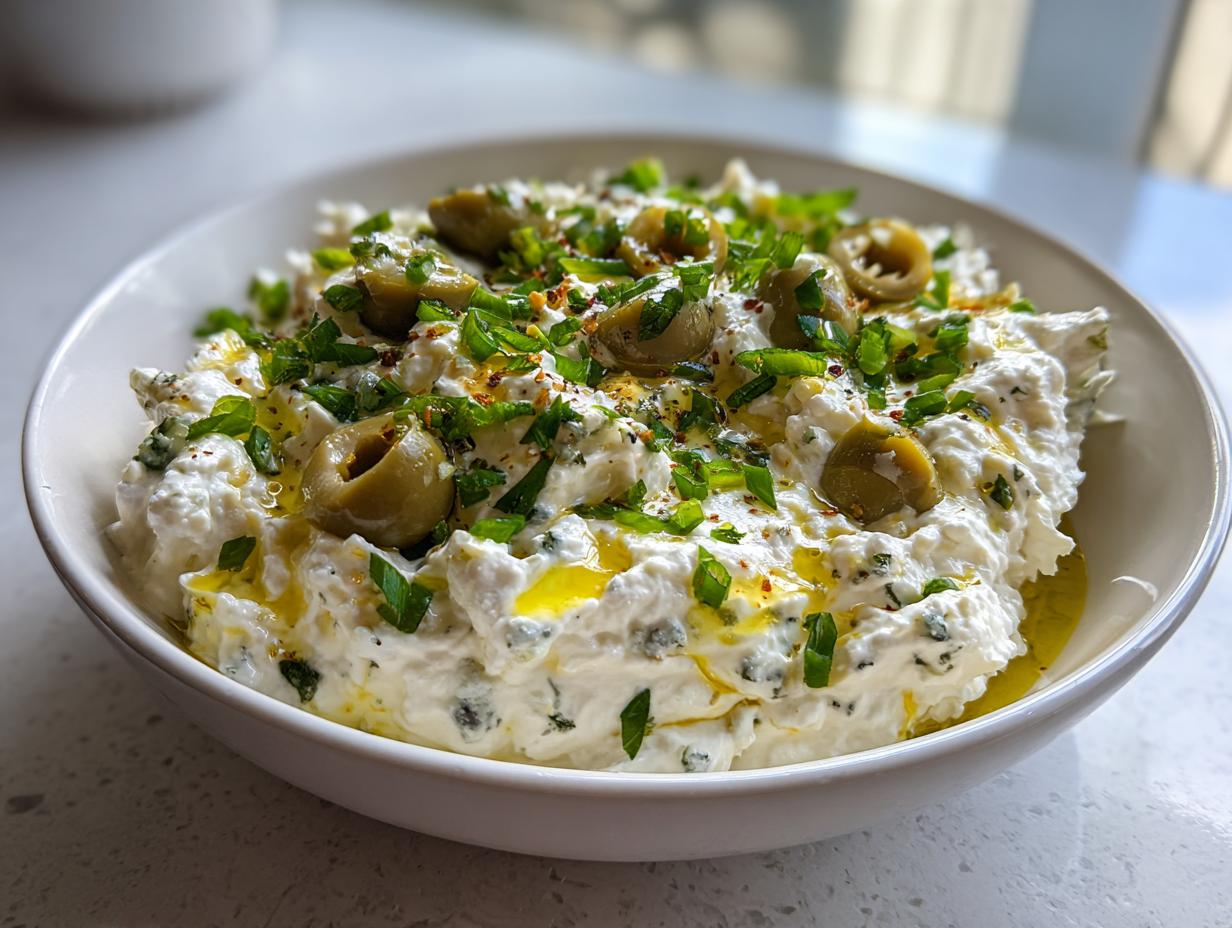A white bowl filled with creamy dirty martini dip, garnished generously with sliced green olives, olive oil, and chopped chives.