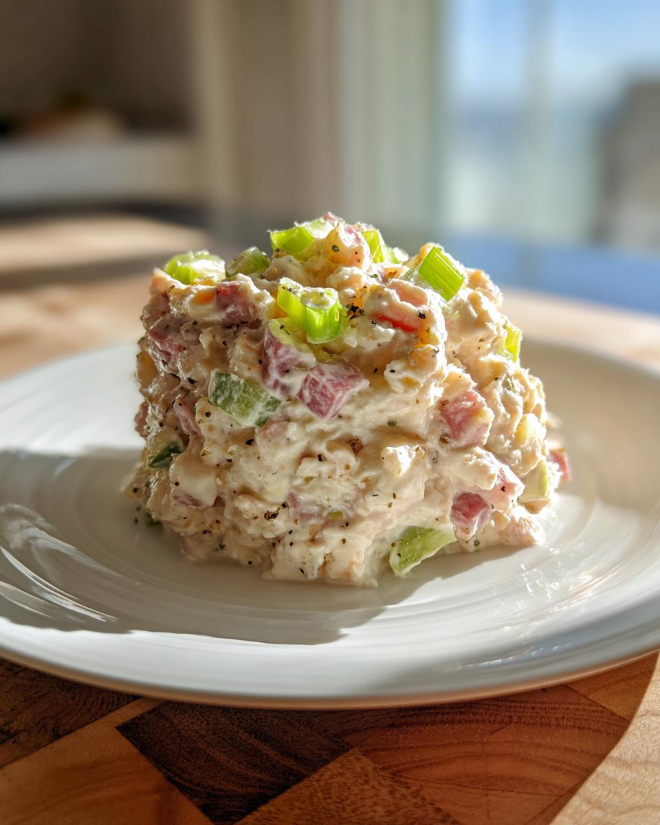A scoop of creamy ham salad mixed with diced ham and celery, topped with green onions, served on a white plate.