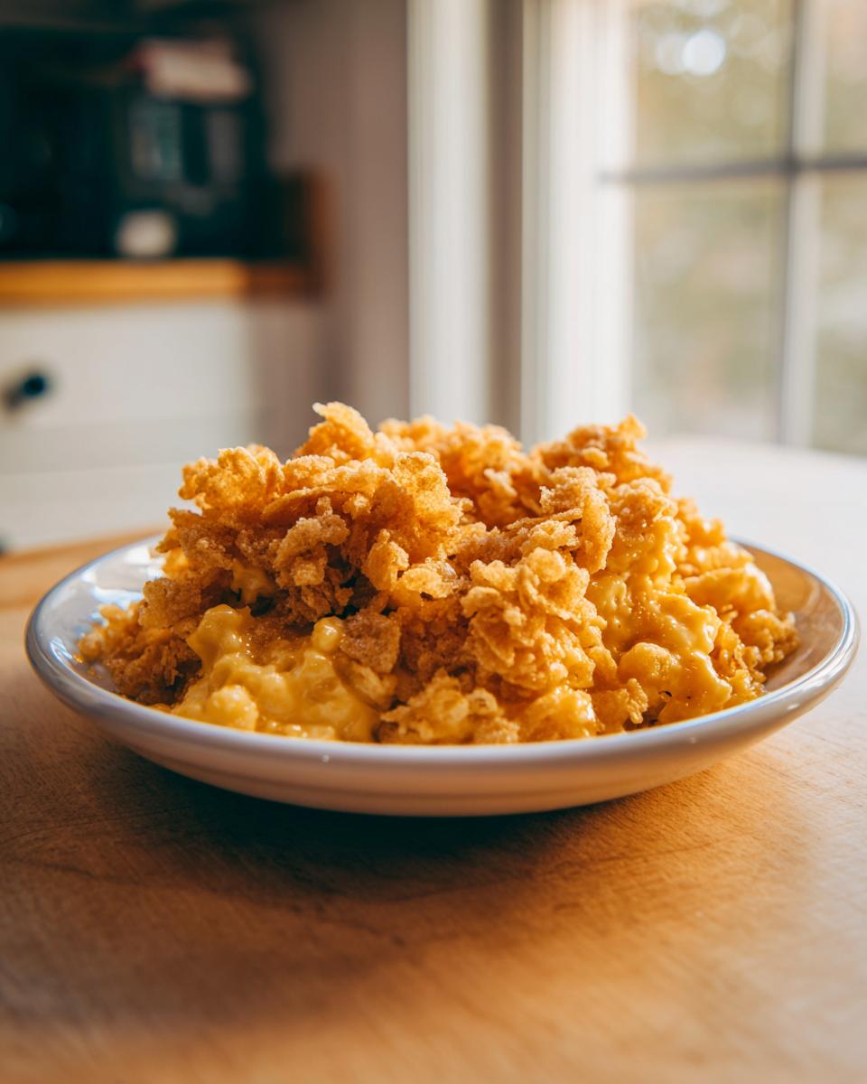 A serving of creamy hashbrown casserole topped with a thick layer of golden, crunchy cornflakes.